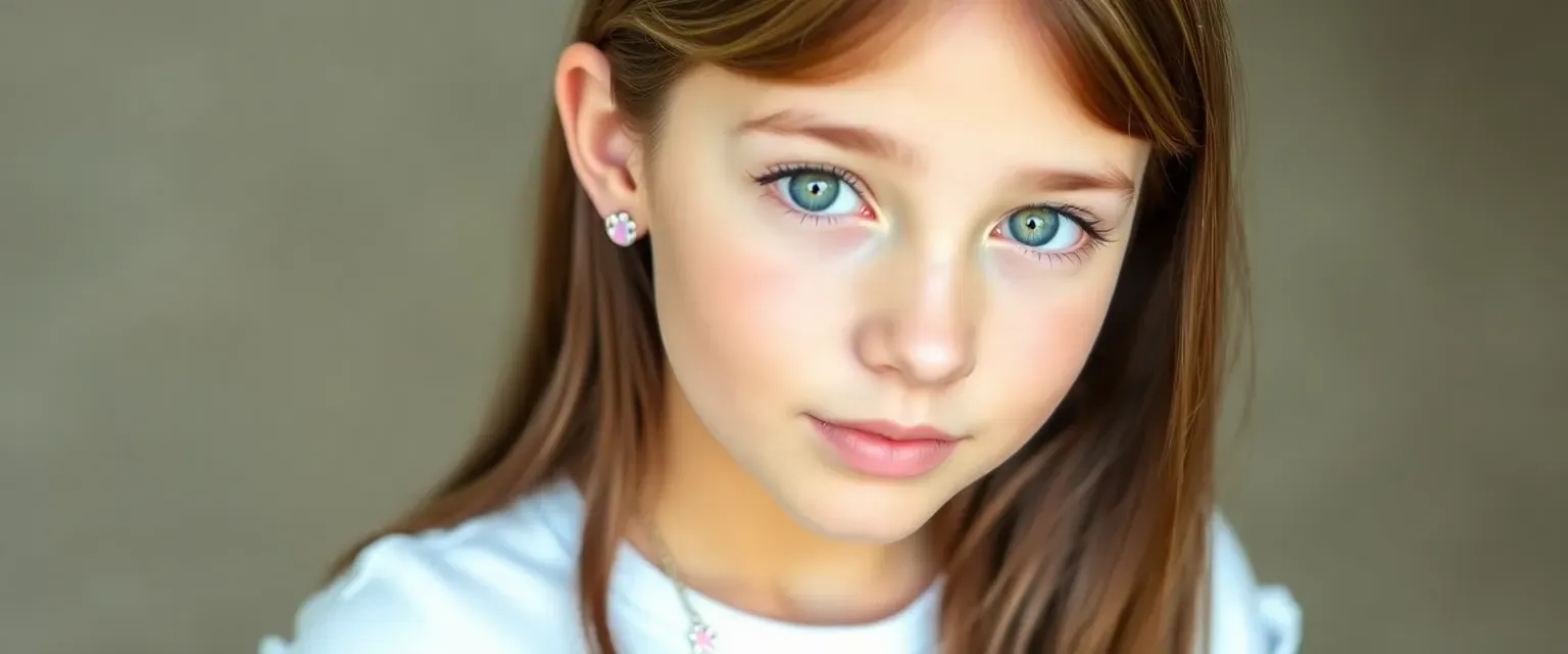 15-year-old girl with light brown hair, hot pink/purple tips, light green-gray eyes, tan skin, wearing dog paw earrings, pastel dog paw 'K' necklace, light blue ripped jeans, and a white cropped T-shirt.