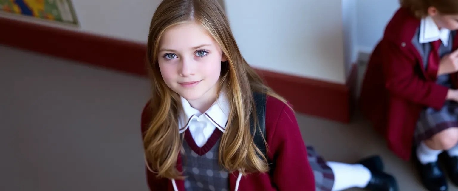 14-year-old Rebecca with brown hair, blonde highlights, smudged mascara over pale purple eyes, wearing a school uniform of gray and brown skirt, white blouse, maroon jacket, calf-high socks, and black Mary Anne shoes.
