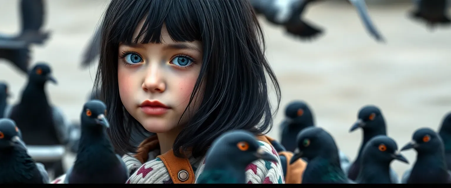 12-year-old girl with black hair and gray-blue eyes, wearing mismatched clothes, surrounded by pigeons.
