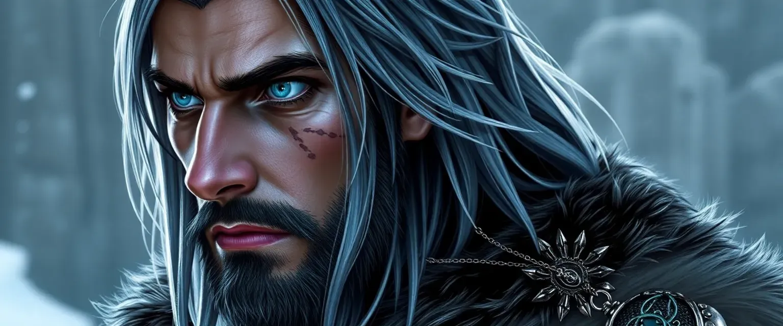 Tall man with ice-blue eyes, long gray-black hair, wearing furs and leathers, with a jagged scar on his left cheek.