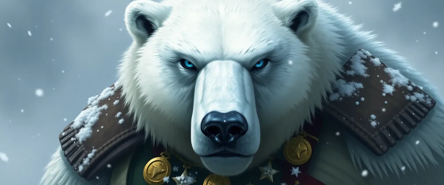 A towering polar bear in military uniform, with piercing blue eyes and snow-dusted fur, adorned with medals.