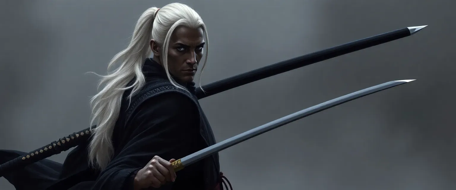 Black man with long white hair in a ponytail, wearing dark attire, carrying two void-black katanas.