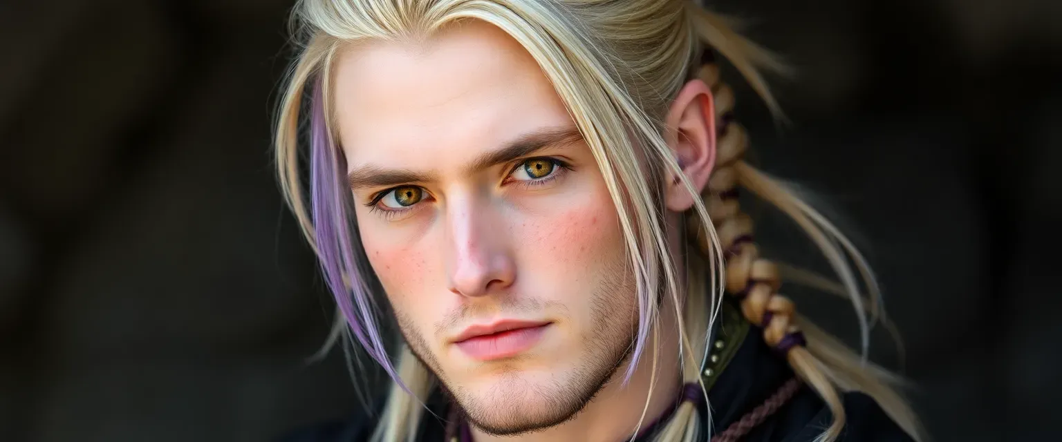 28-year-old man with long blond hair fading to purple, half-shaved ponytail, orange eyes, mimic freckles, French accent, wearing mimic siblings as gear.