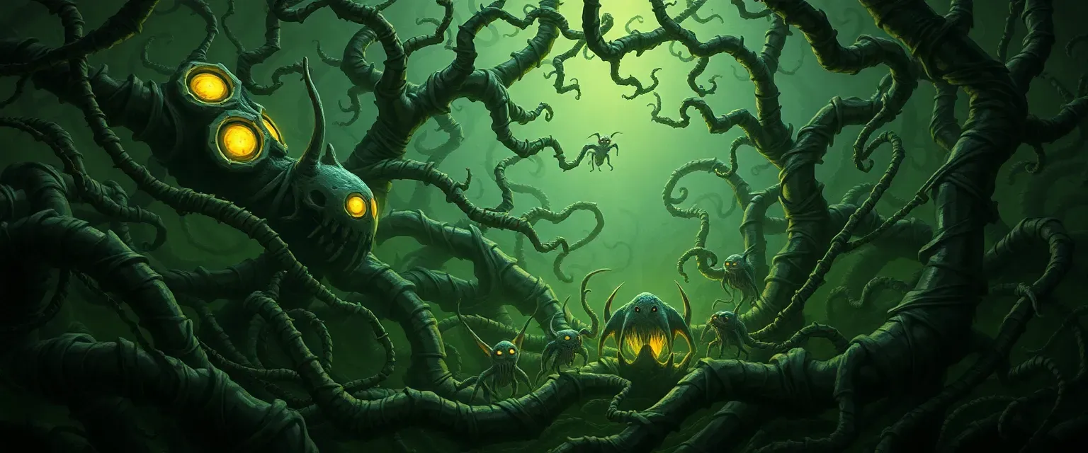 A swirling mass of vines and skeletal parts with glowing eyes and tiny creatures crawling within.