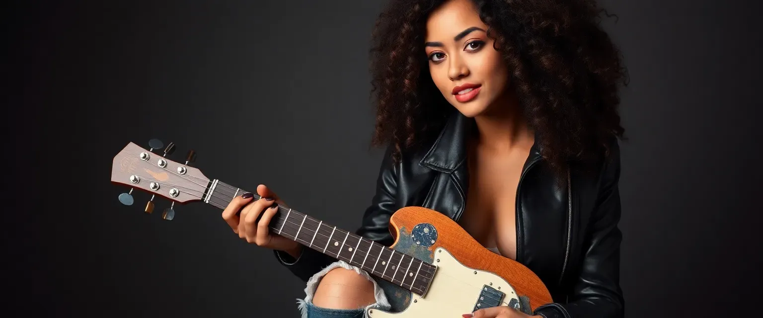Caramel-skinned woman with dark curls, leather jacket, ripped jeans, and chunky boots, holding a guitar.