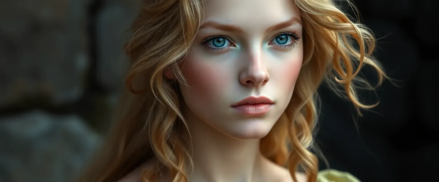 Young woman with pale skin, golden curls, and soft, thoughtful eyes, dressed in simple, flowing gowns.
