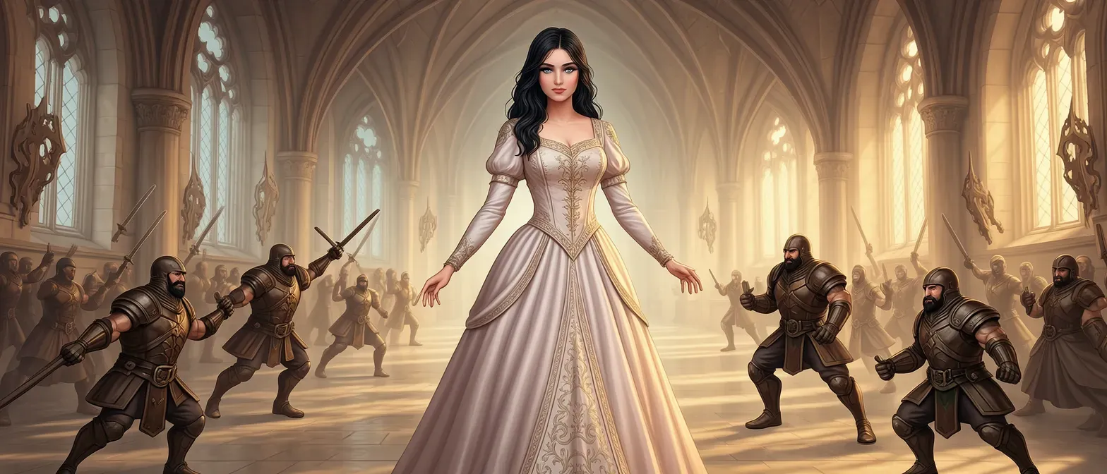A 22-year-old noblewoman with raven hair, gray eyes, and elegant regency gown in pale silks, standing poised in a fantasy castle hall.