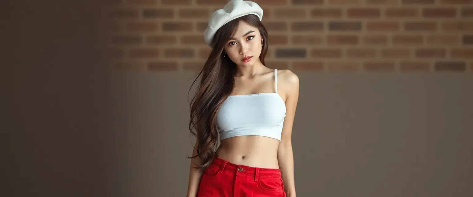 18-year-old girl, 4'7", brown side tail, big brown eyes, pale skin, huge breasts, thick thighs, massive soft ass with cellulite, white crop top, red shorts, white beret.