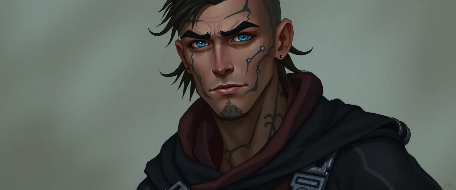 Tall, lean man with ashen skin, blue eyes, and constellation tattoos, wearing a mix of traditional robes and space gear.