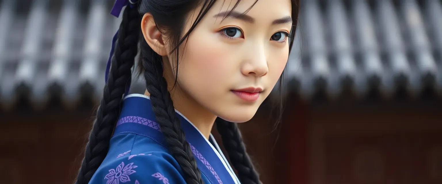 21-year-old woman with long dark braided hair, small frame, wearing blue and purple, from a mix of imperial Japan and Korean culture.