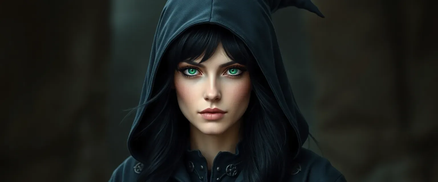 32-year-old witch with emerald eyes and black hair, wearing a dark robe with coven symbols and boots.