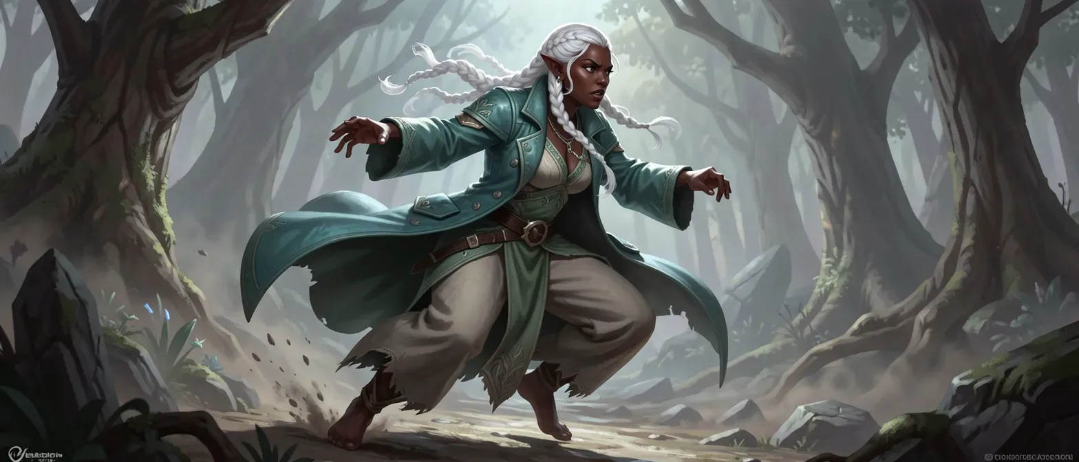 Dark-skinned elf woman with white braided hair, wearing sea-green leather coat and druid robes, barefoot, intense gaze.
