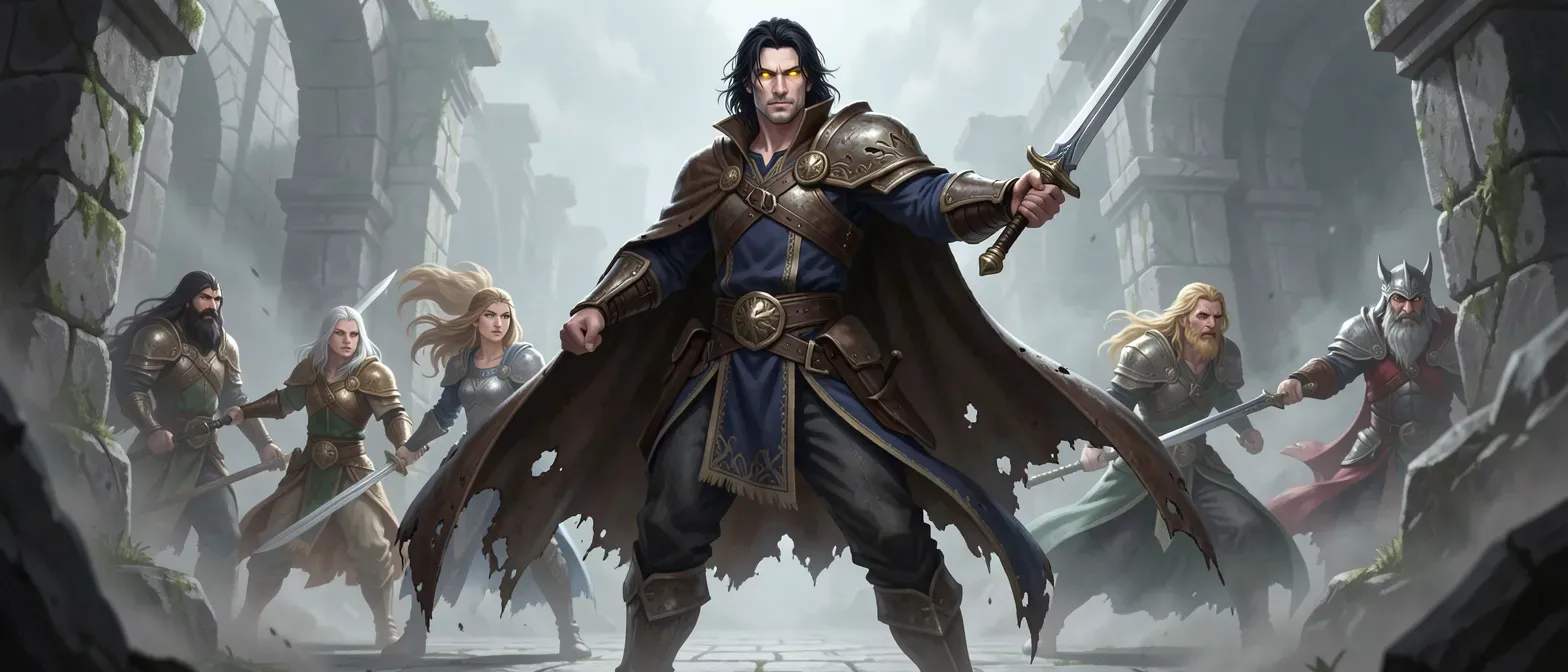 A strikingly beautiful 30-year-old man with golden eyes, raven hair, pale skin, wearing a weathered leather cloak and indigo tunic, standing tall and lithe in misty ancient ruins.