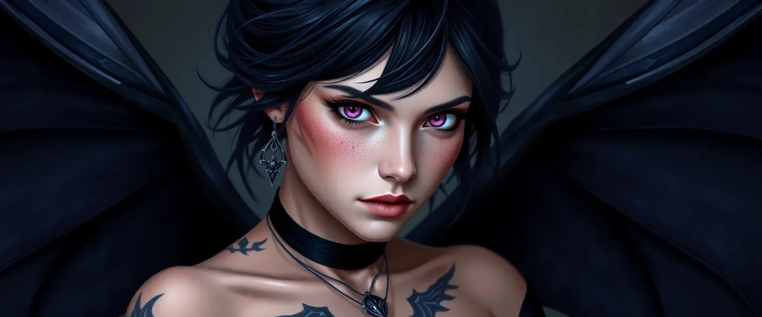 Young woman with midnight black hair and violet eyes, pale skin with shimmering tattoos, wearing a dark gown with bat-like wings.