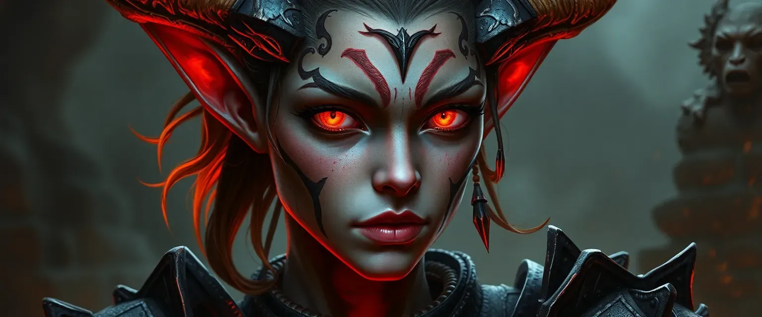 17-year-old changeling female with fiery eyes, scarred skin, wearing hell-forged armor.