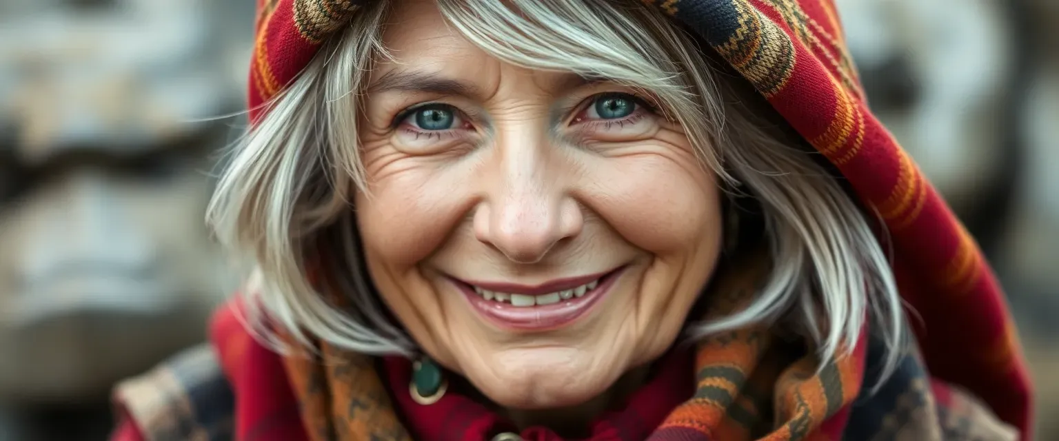 A 52-year-old Slavic woman with silver-streaked hair under a colorful scarf, wearing earthy tones and a warm smile.