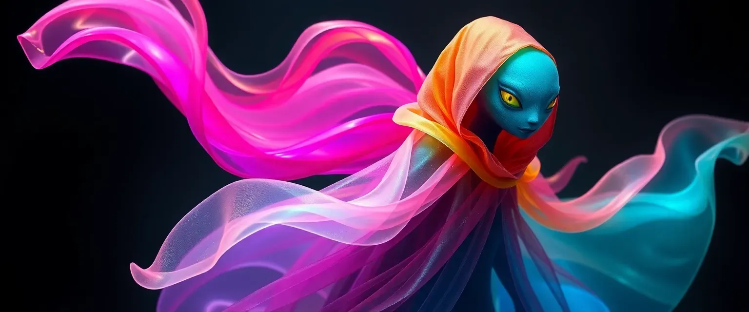 A Plasmoid with shifting, vibrant colors, wearing a shimmering cloak, embodying the fluidity of the Whispering Grales.