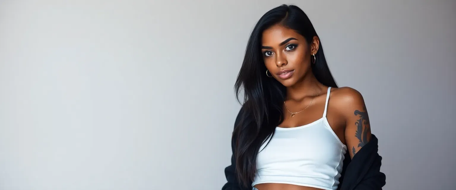 Striking black woman with natural blue eyes, hourglass figure, long black hair. Wearing blue high-waist jeans, white tank top, black jacket. Multiple piercings and shoulder tattoo.