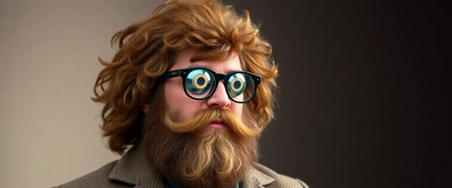 Bearded man with frilly brown hair, wearing glasses and a tweed jacket, has frisbees instead of eyes.