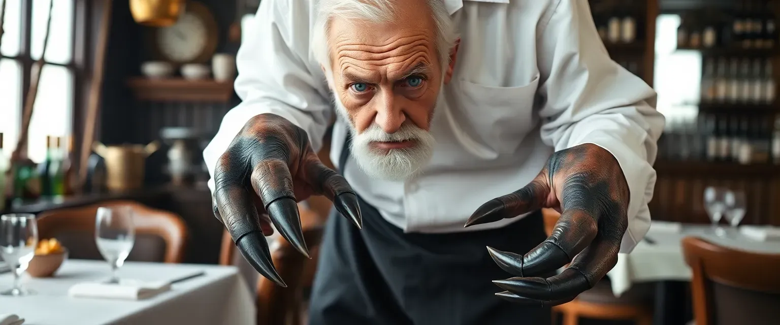 Elderly sea captain turned restaurateur, wearing a white shirt and black pants, with large claw-like hands and piercing blue eyes.