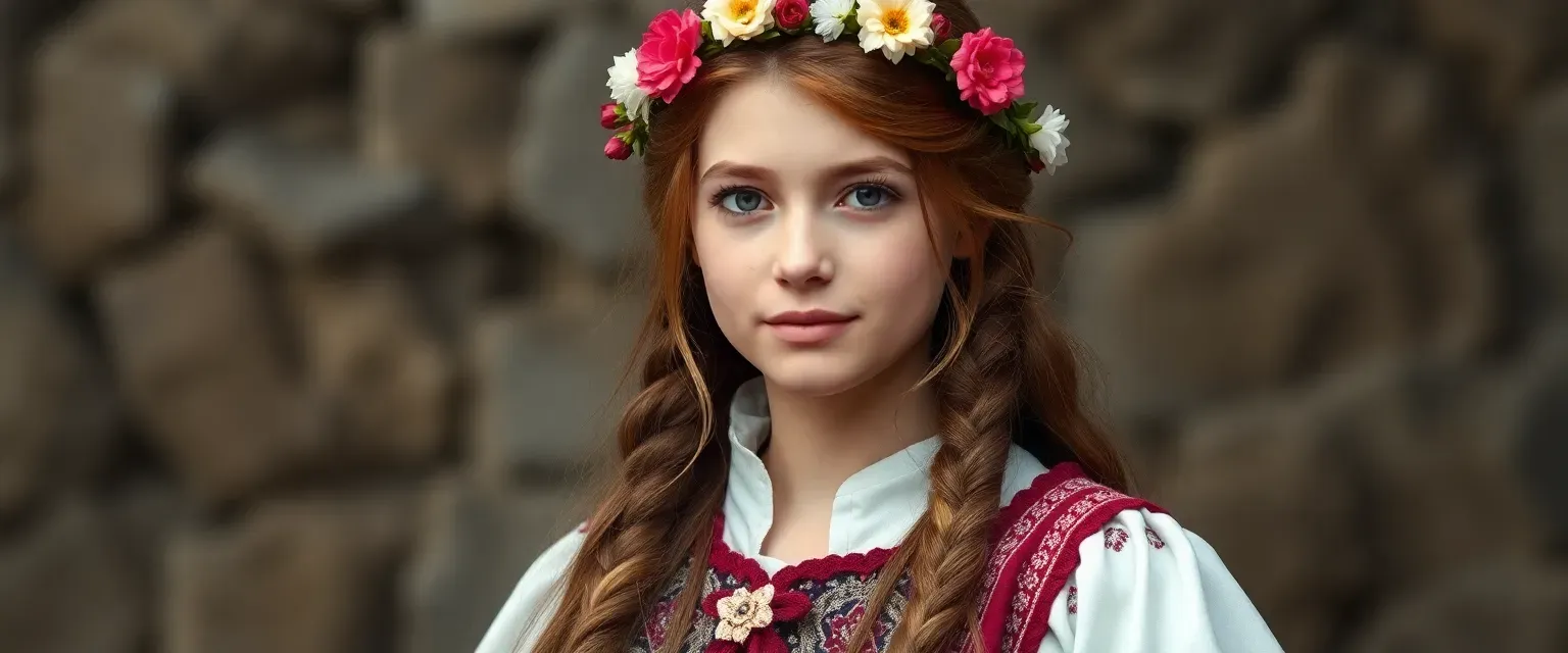 Sixteen-year-old Slavic girl with chestnut hair, wearing traditional folklore robes, adorned with a flower wreath.