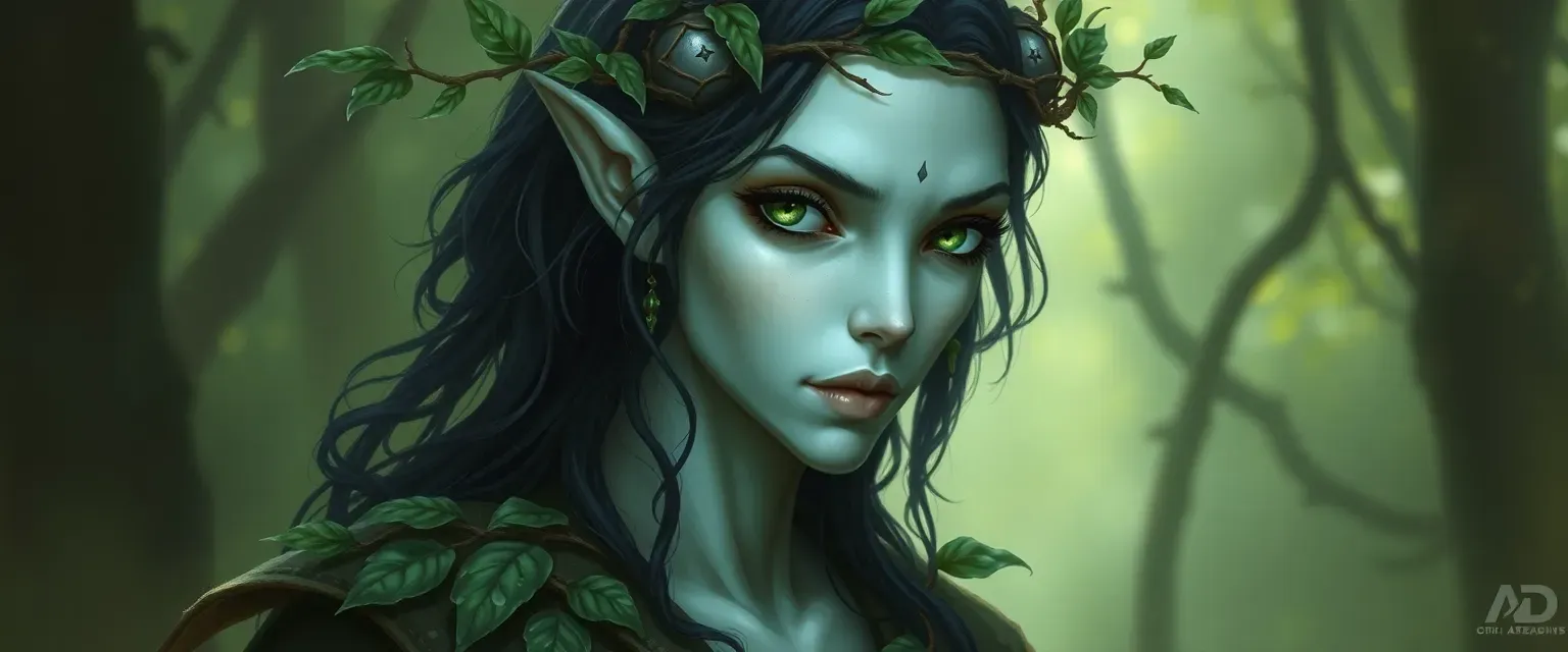 Pale dhampir with luminescent skin, forest green eyes, and dark hair entwined with nature's elements, wearing a robe of leaves and a branch circlet.