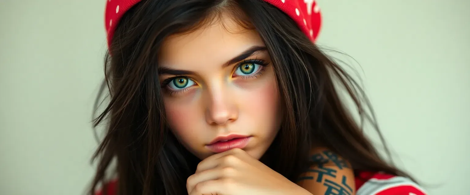 Seventeen-year-old girl with long dark hair, piercing green eyes, eclectic streetwear, and a binary code tattoo on her wrist.