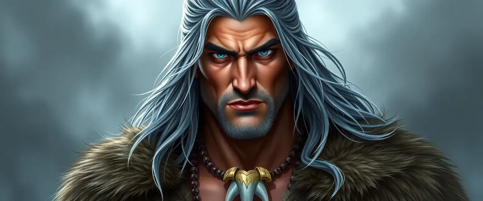 Tall, muscular man with stormy blue eyes, long gray-streaked hair, wearing furs and a shark tooth necklace.
