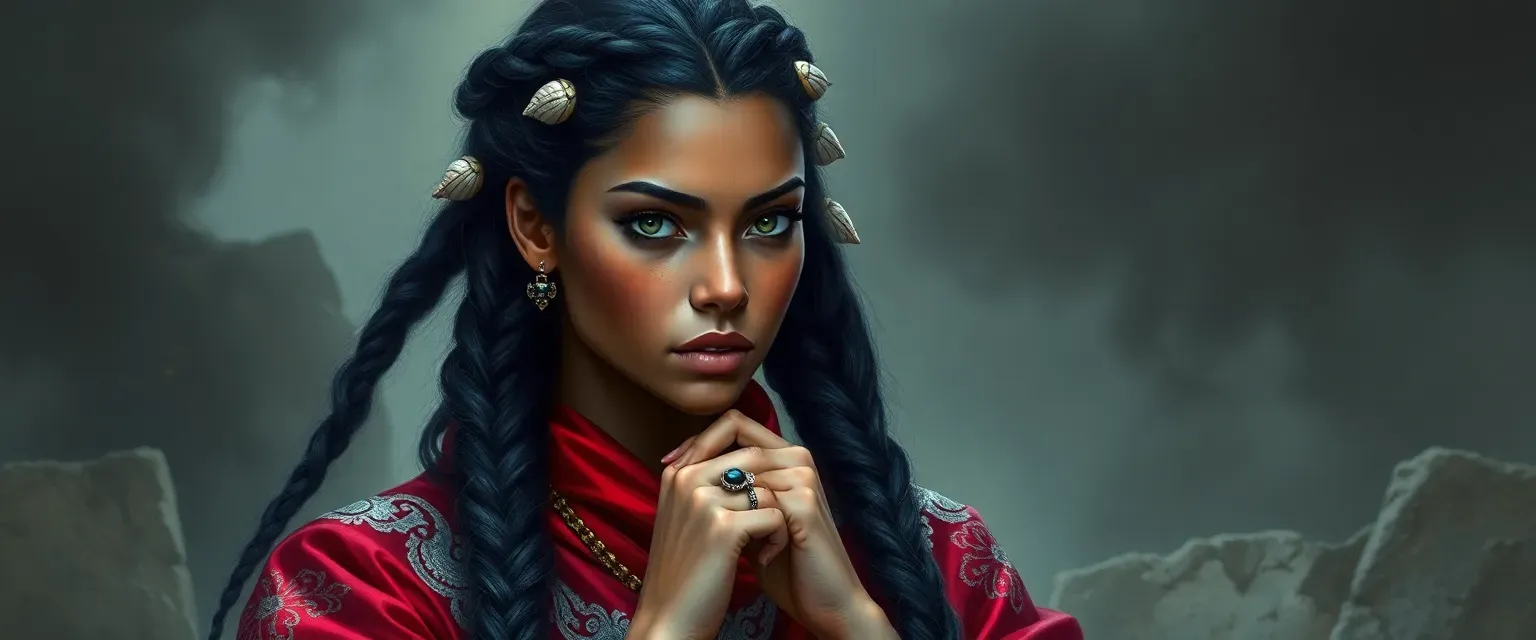 20-year-old queen with olive skin, raven hair in braids with shells, storm-gray eyes, wearing crimson silk robes with silver embroidery, twisting an obsidian ring on her finger.