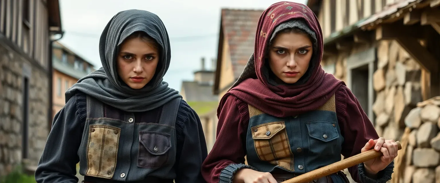 Two Slavic sisters, Milena and Zora, in patched dresses and headscarves, with harsh faces and scowls, sweeping village streets.