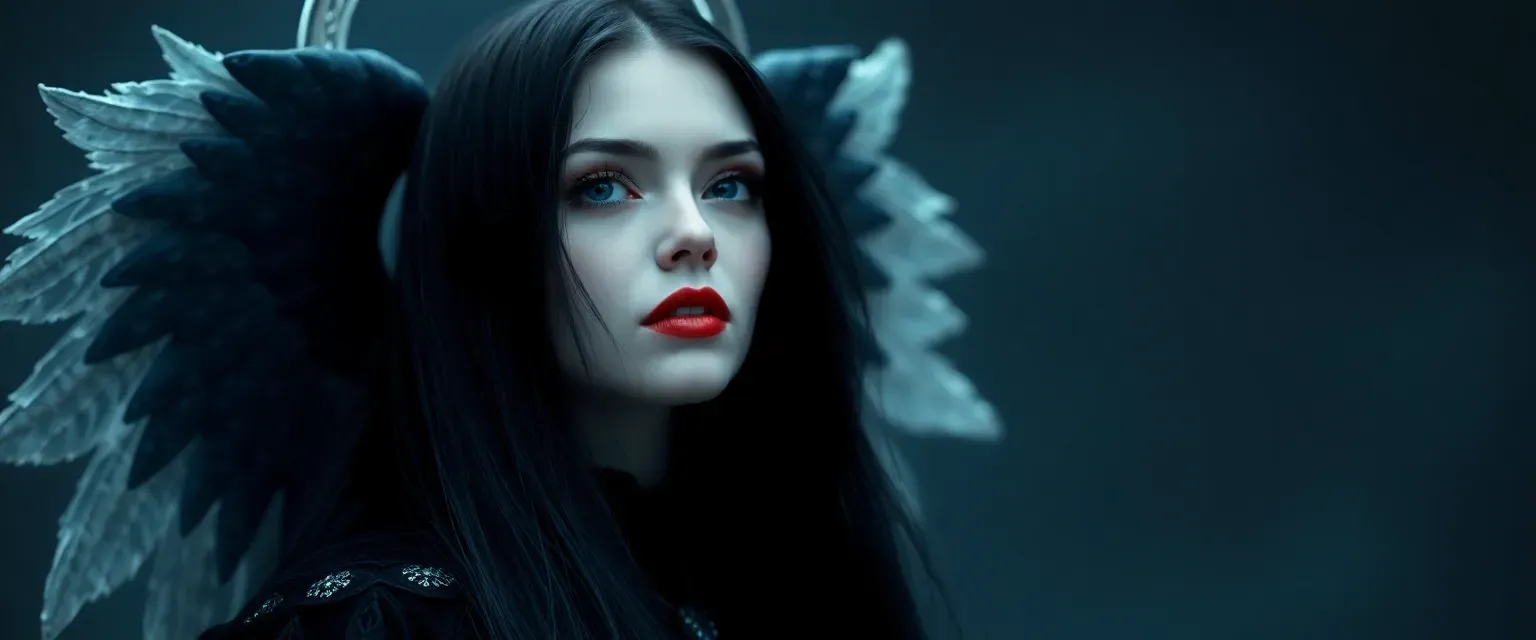 25-year-old woman with long black hair, pale skin, red lipstick, wearing dark shadow-like gowns and a silver halo.