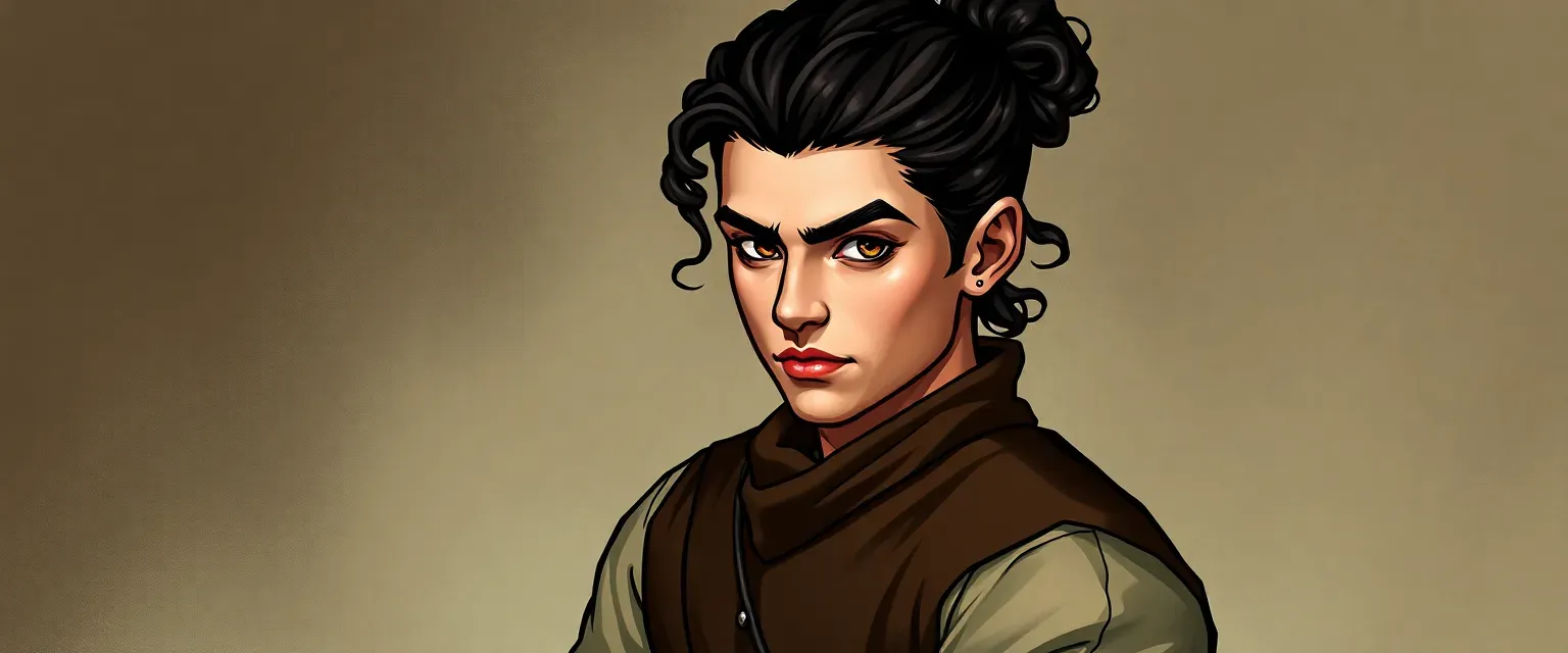 Young barber with dark curly hair tied back, sharp jawline, keen eyes, in a well-tailored tunic and breeches.