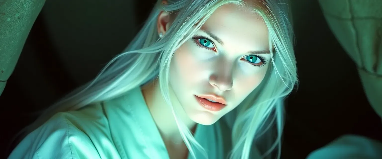 Young woman with pale skin, emerald eyes, and long silver hair, wearing flowing light-colored robes.