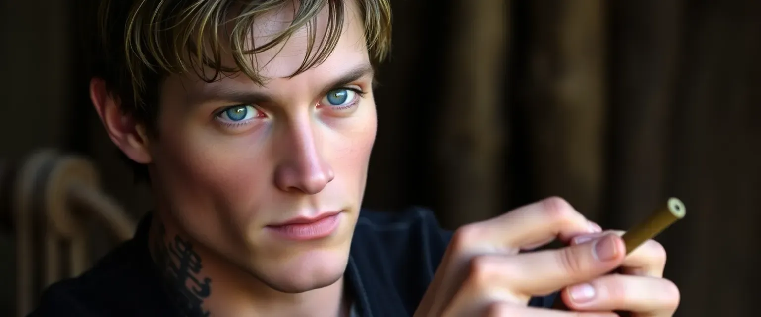 22-year-old man, lean and muscular, scarred from Hunger Games, piercing blue eyes, often carving wooden figures.