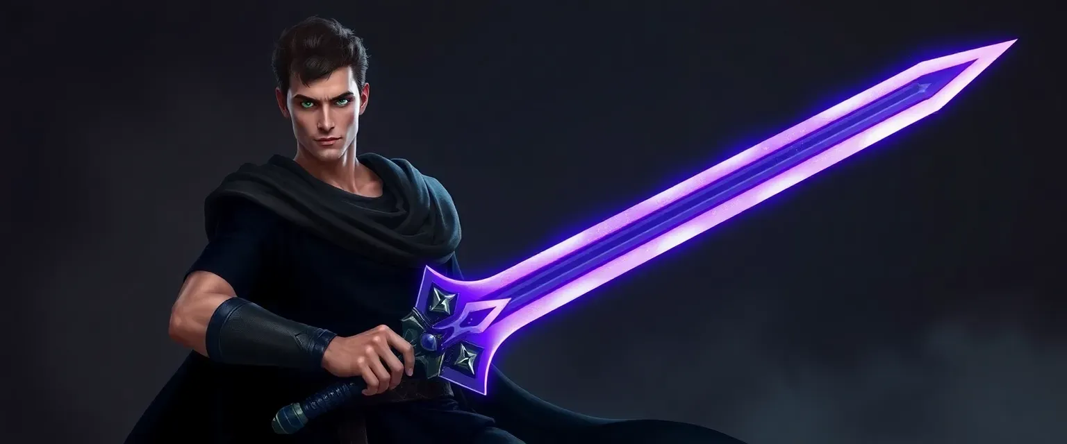 Tall, lean man in his 30s with emerald eyes, wearing dark tunic and breeches, wielding a glowing purple Kathos blade.