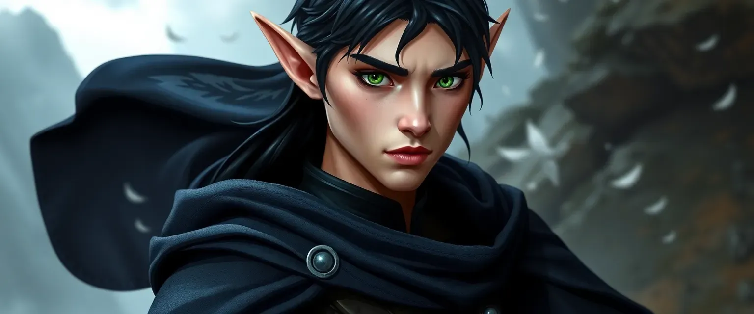 19-year-old elf with jet-black hair, piercing green eyes, wearing a dark leather tunic and a midnight cloak.