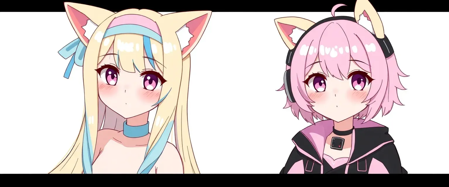 Fuwawa: Long blonde hair with blue streaks, pink eyes, dog ears, pastel blue headband, collar. Mococo: Short blonde hair with pink streaks, black and pink jacket, dog ears with white tufts, headphones, collar.