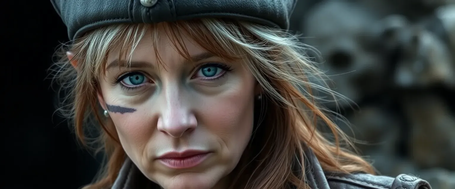 A weathered, middle-aged woman with a scar, blue eyes, gray-streaked red hair, wearing a leather tricorn hat and jacket.