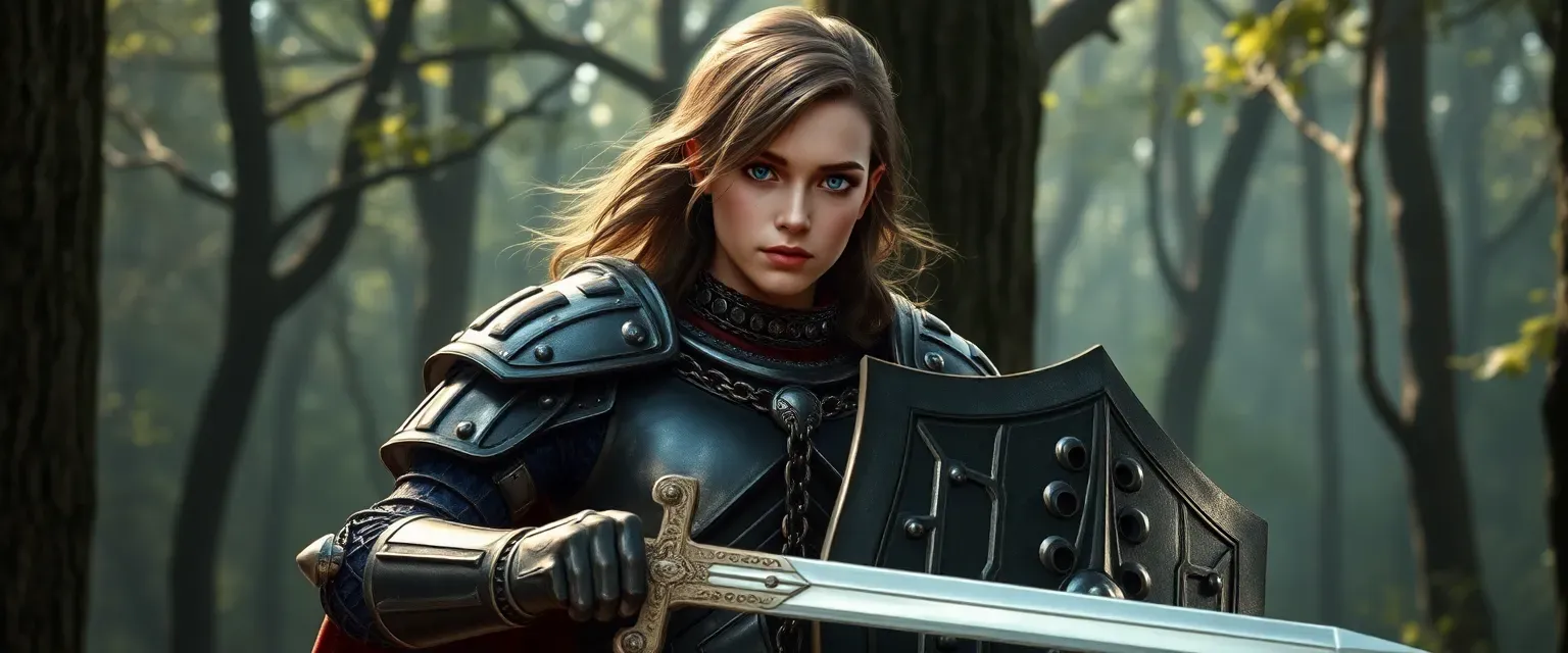 Aasimar paladin in gleaming chain mail, with brown hair and blue eyes, holding sword and shield, standing in an ancient forest.