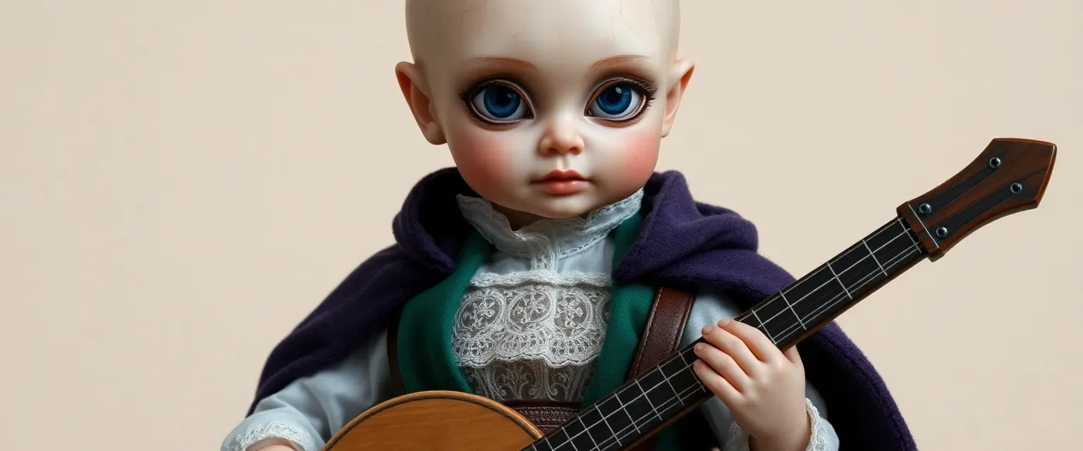 A four-foot-tall living doll with porcelain skin, cracked joints, wide sapphire eyes, rosy lips, dressed in emerald velvet vest, lace blouse, and cloak, holding a carved lute.