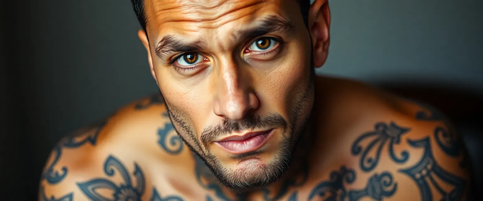 Early 30s man with cinnamon skin, brown eyes, and intricate tattoos covering his arms and torso.