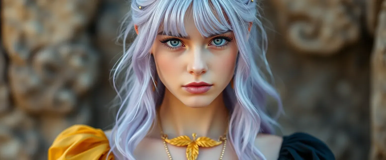 19-year-old with pastel lavender hair, sharp face, fierce grey eyes, sun-kissed skin, wearing a golden leaf pendant and flowing dresses in gold, blue, black.