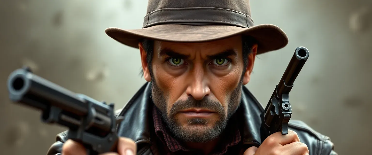Rugged, early 30s man with stubble, green eyes, leather jacket, hat, and revolvers.