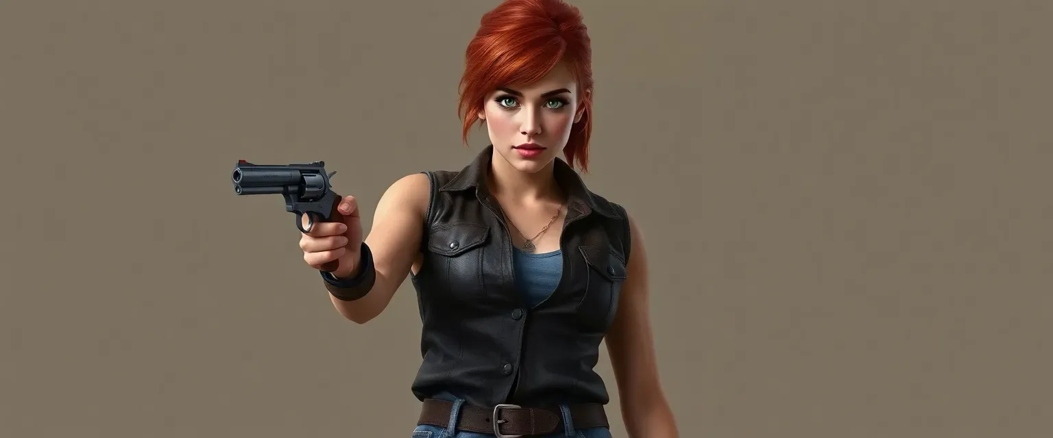 23-year-old woman with red hair and green eyes, wearing a leather vest and denim trousers, holding a revolver.