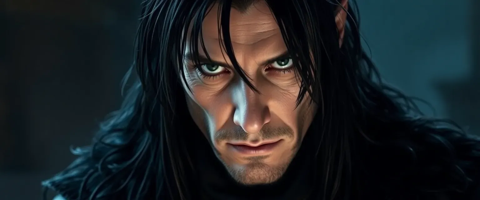 A 42-year-old man with long black hair, pale skin, dark leathers, and a facial scar, embodying the essence of darkness.