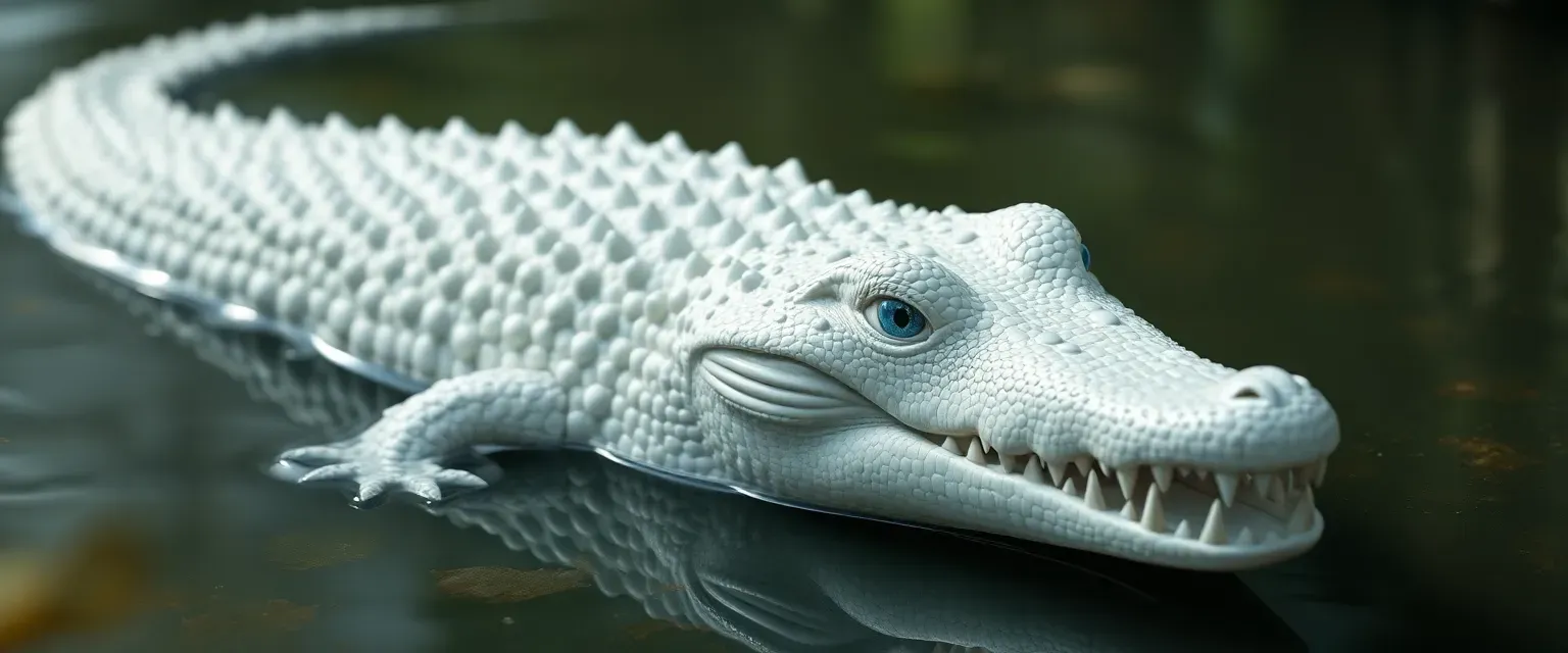 An ethereal albino crocodile with shimmering white scales and piercing blue eyes, known as Alabaster. Revered as a deity in swamps for his intelligence and grace.