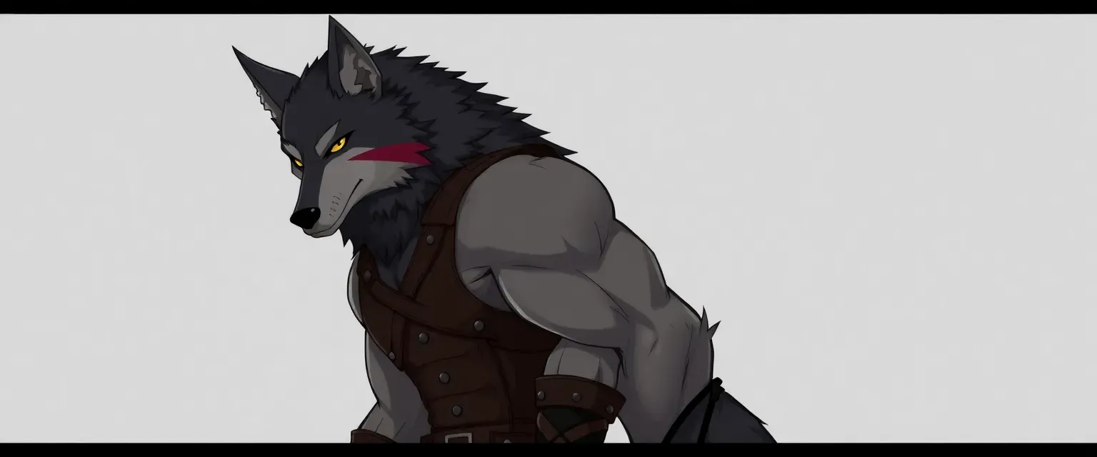 Tall, muscular anthropomorphic wolf with dark fur, yellow eyes, and a scar on his left cheek. Wears a leather vest and boots.