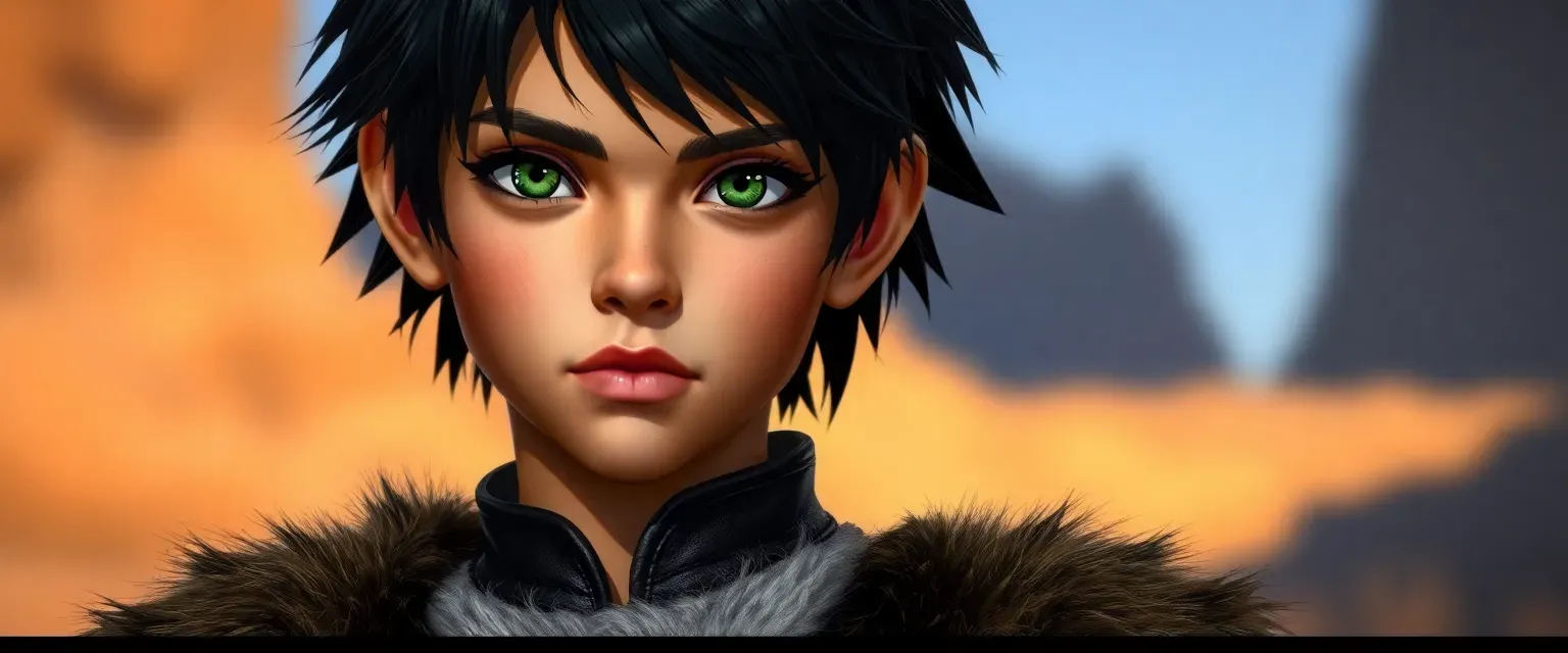 Young Trennixan boy with tan skin, black hair, and green eyes, dressed in leathers and furs.