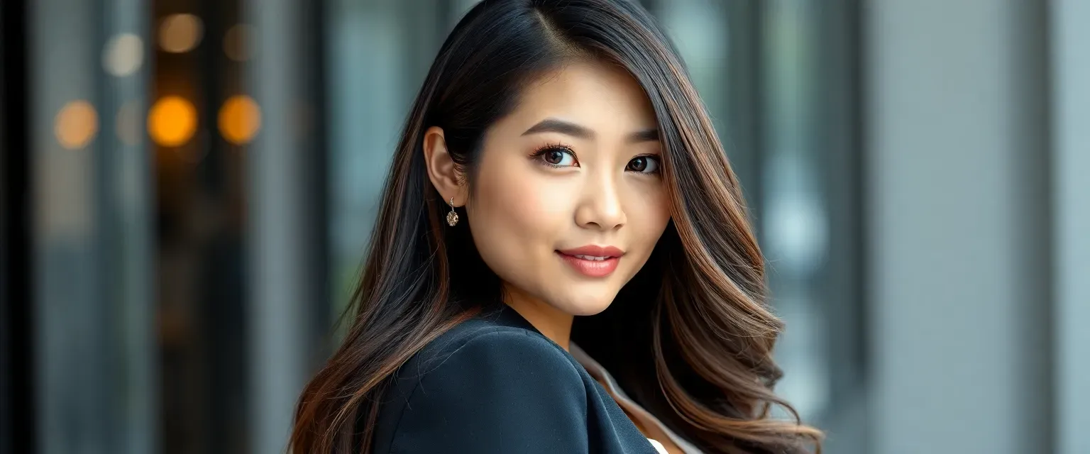 Young Asian-American woman, mid-20s, with long ombre black-brown hair cascading to mid-back, wide expressive brown eyes, pouty lips, curvy figure wearing fashionable business attire.