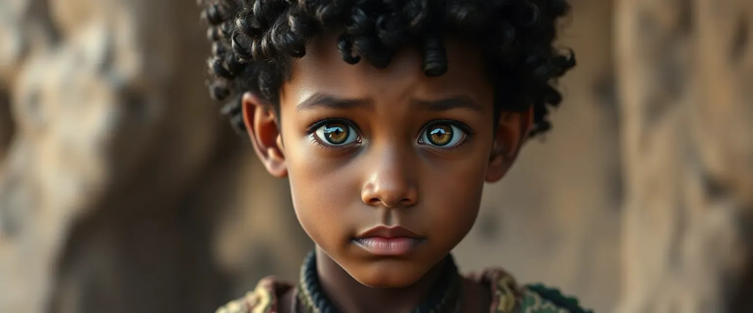 Young Trennixan boy with dusky skin, amber eyes, and dark curly hair, wearing patchwork clothes.